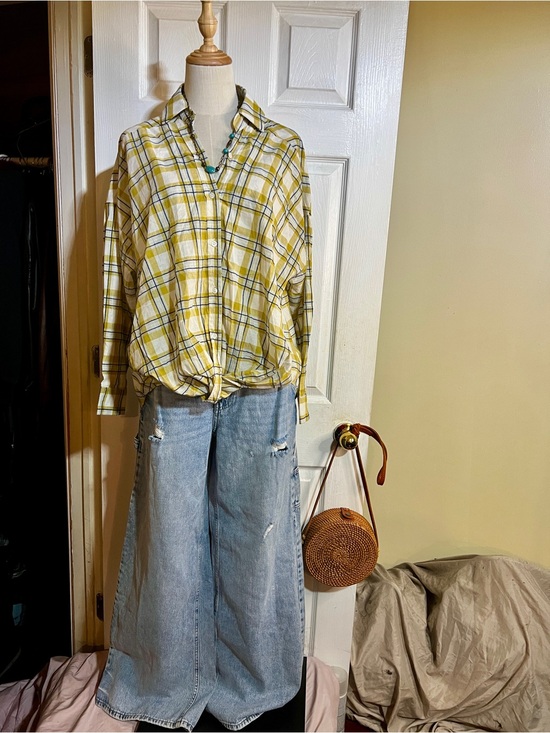 Easel Los Angeles Tops - New Easel Wms Yellow Navy Stitched Knit Cotton Textured Twist Hem Plaid Shirt S